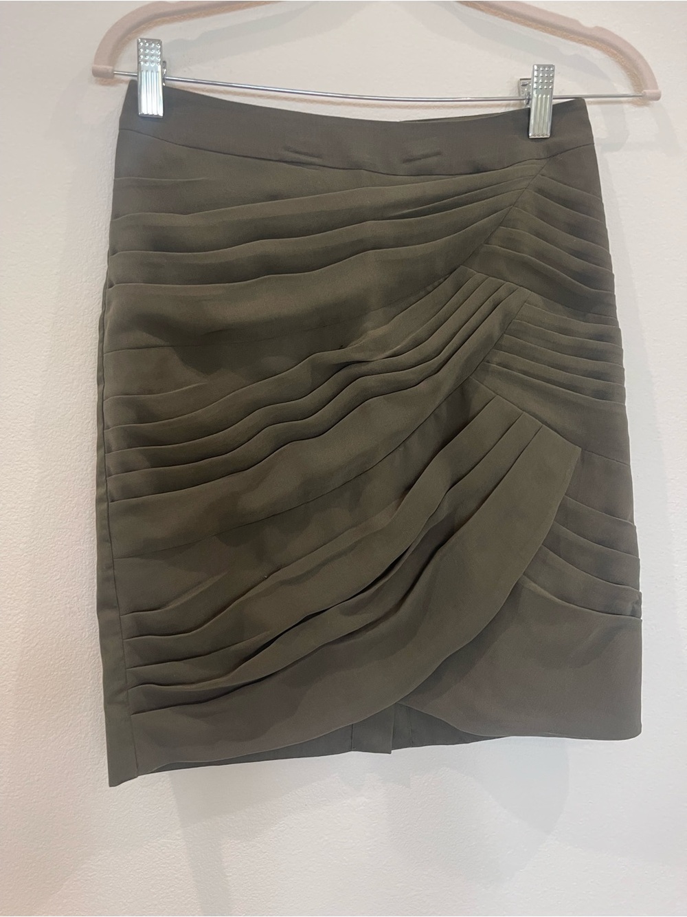 Olive Green Pleated Wrap-Front Pencil Skirt